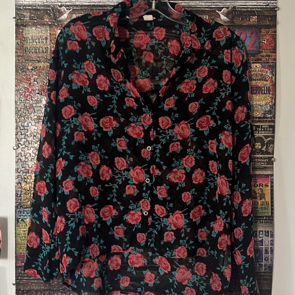 Black floral mesh button down